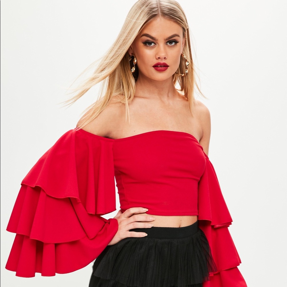 Red triple frill sleeve top